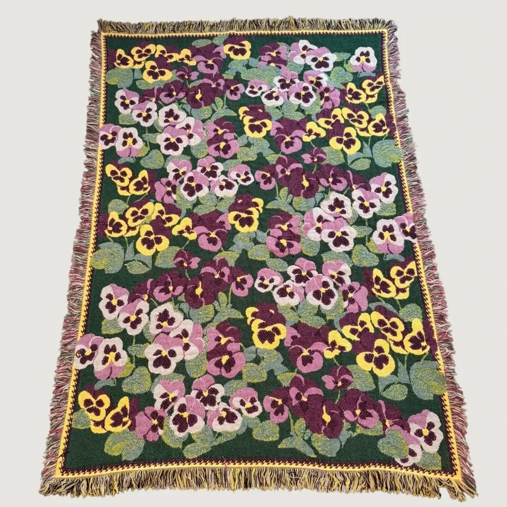 Vintage Style Pansy Floral Woven Tapestry Throw Blanket Green Purple 66x45